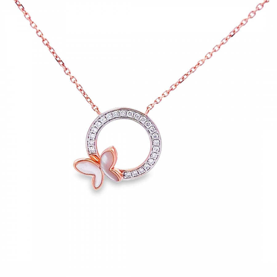 DAZZLING DIAMOND AND SHELL BUTTERFLY NECKLACE IN 18K ROSE GOLD