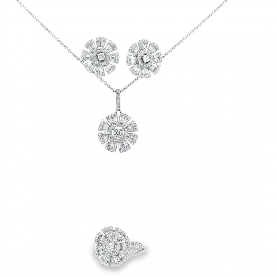 EXQUISITE DIAMOND HALF SET NECKLACE, EARRING, AND RING WITH CLARITY VS AND COLOR G TO H, 3.56 CARAT DIAMOND WITH FLOWER DESIGN IN WHITE GOLD 18K