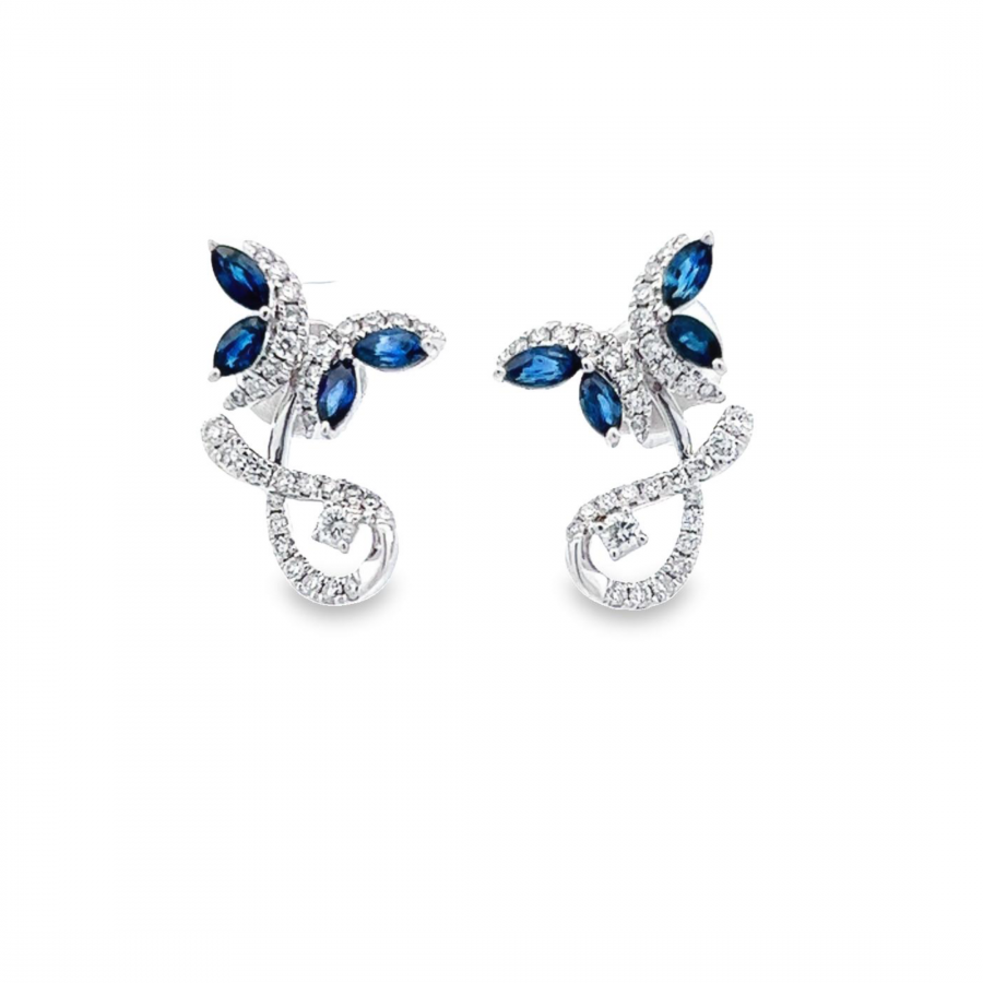 WHITE GOLD DIAMOND EARRING WITH BLUE SAPPHIRE - 0.59 CT DIAMOND, 0.92 CT BLUE SAPPHIRE