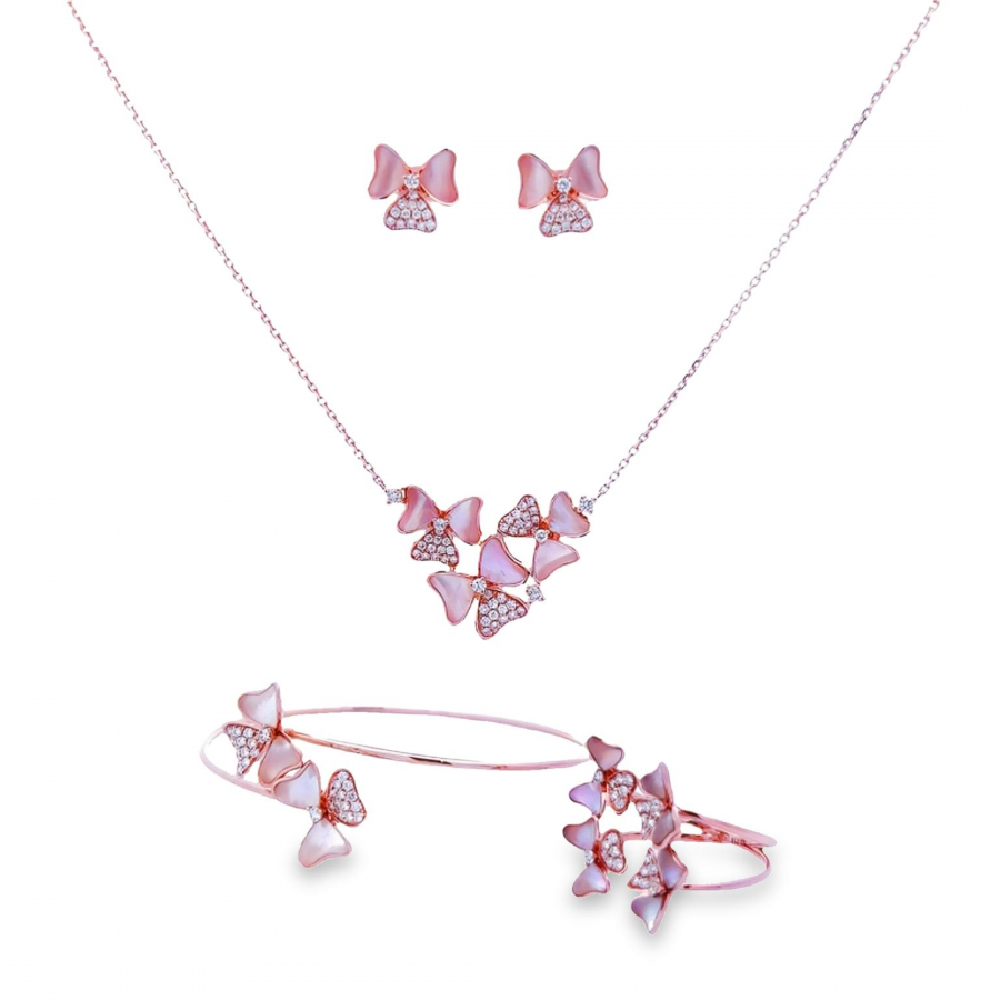 DIAMOND FULL SET NECKLACE, BANGLE, RING, AND EARRING WITH CLARITY VS AND COLOR G TO H, 1.00 CARAT DIAMOND AND 4.03 CARAT SEASHELL: ROSE GOLD 18K FLOWER DESIGN