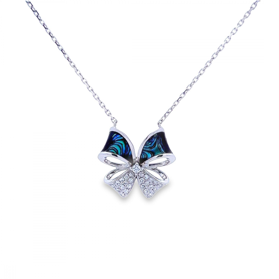 STUNNING DIAMOND AND BLUE SEASHELL FLOWER NECKLACE IN 18K WHITE GOLD