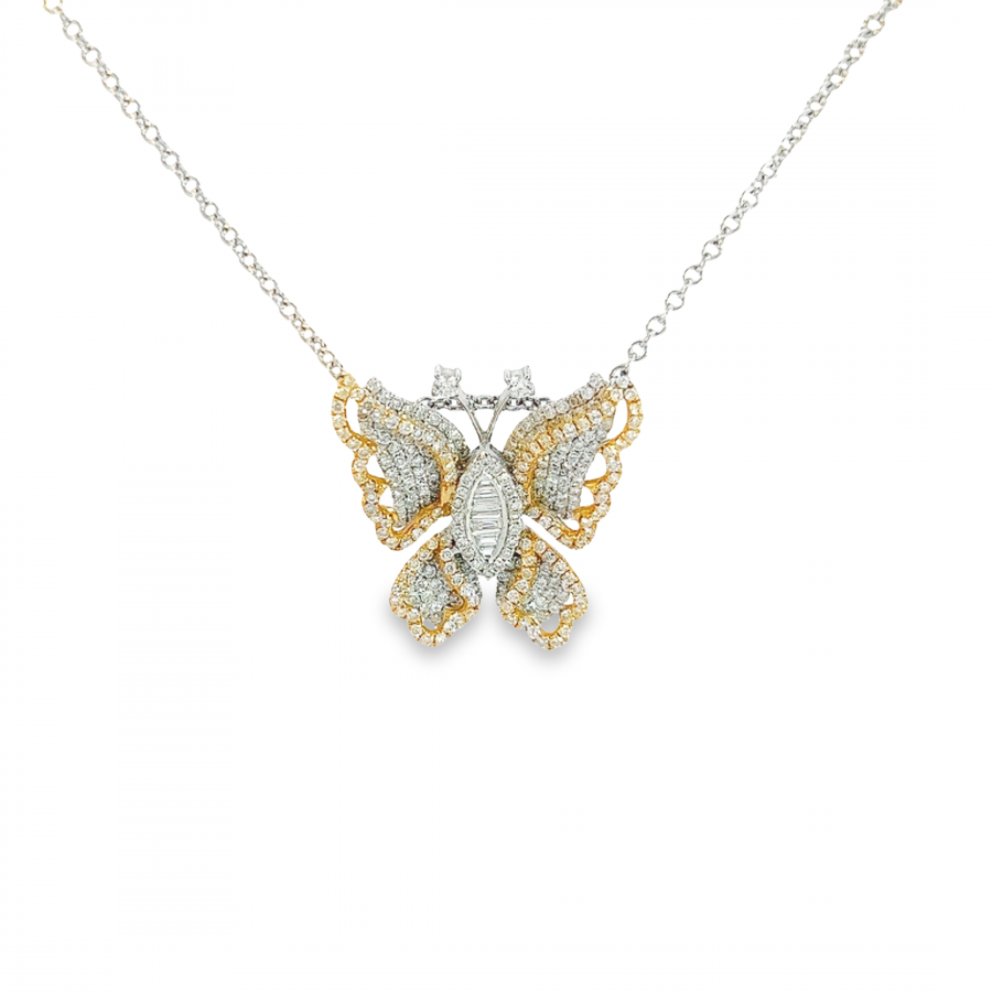 1.43 CARAT DIAMOND NECKLACE WITH CLARITY VS/SI, COLOR G-H | TWO-TONE GOLD METAL | BIG BUTTERFLY DESIGN