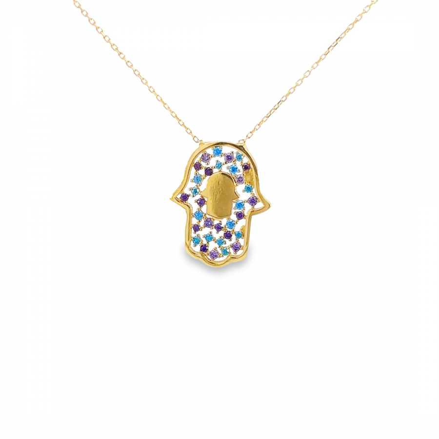18K YELLOW GOLD NECKLACE WITH TWO HAND LUCK PENDANT WITH BLUE AND PURPLE STONES