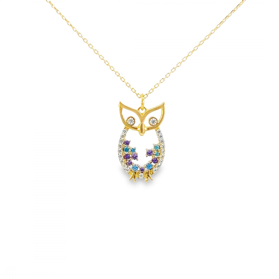 18K YELLOW GOLD OWL NECKLACE WITH BABY BLUE STONES AND PURPLE