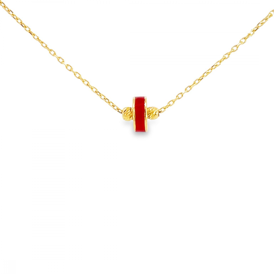 18K YELLOW GOLD NECKLACE WITH TWO GOLD BALLS AND RED CIRCLE