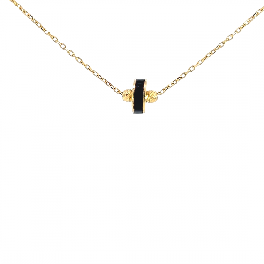 18K YELLOW GOLD NECKLACE WITH TWO GOLD BALLS AND BLACK CIRCLE