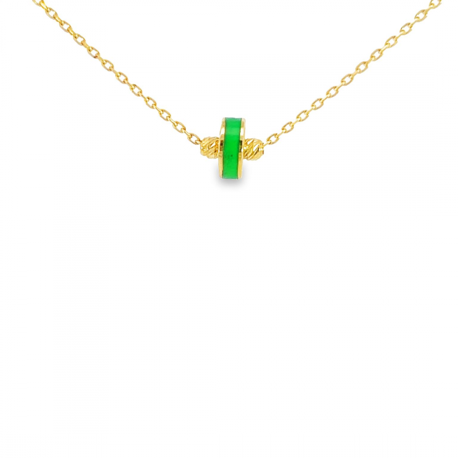 18K YELLOW GOLD NECKLACE WITH TWO GOLD BALLS AND GREEN CIRCLE