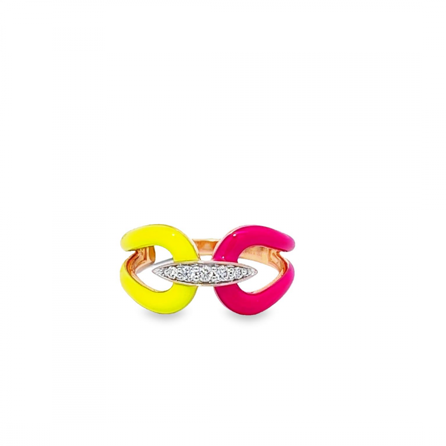 RING 0.09 CARAT G-H ROUND DIAMOND WITH PINK AND YELLOW ENAMEL IN ROSE GOLD