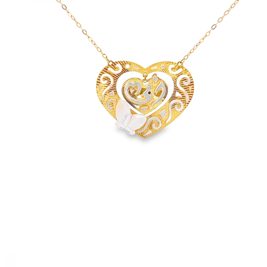 HEARTWARMING 18K YELLOW GOLD MOTHER PENDANT WITH TWO HEART AND BUTTERFLY SEA SHELL