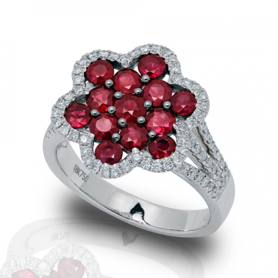 FLOWER RING WITH RUBY AND DIAMONDS IN 18K WHITE GOLD