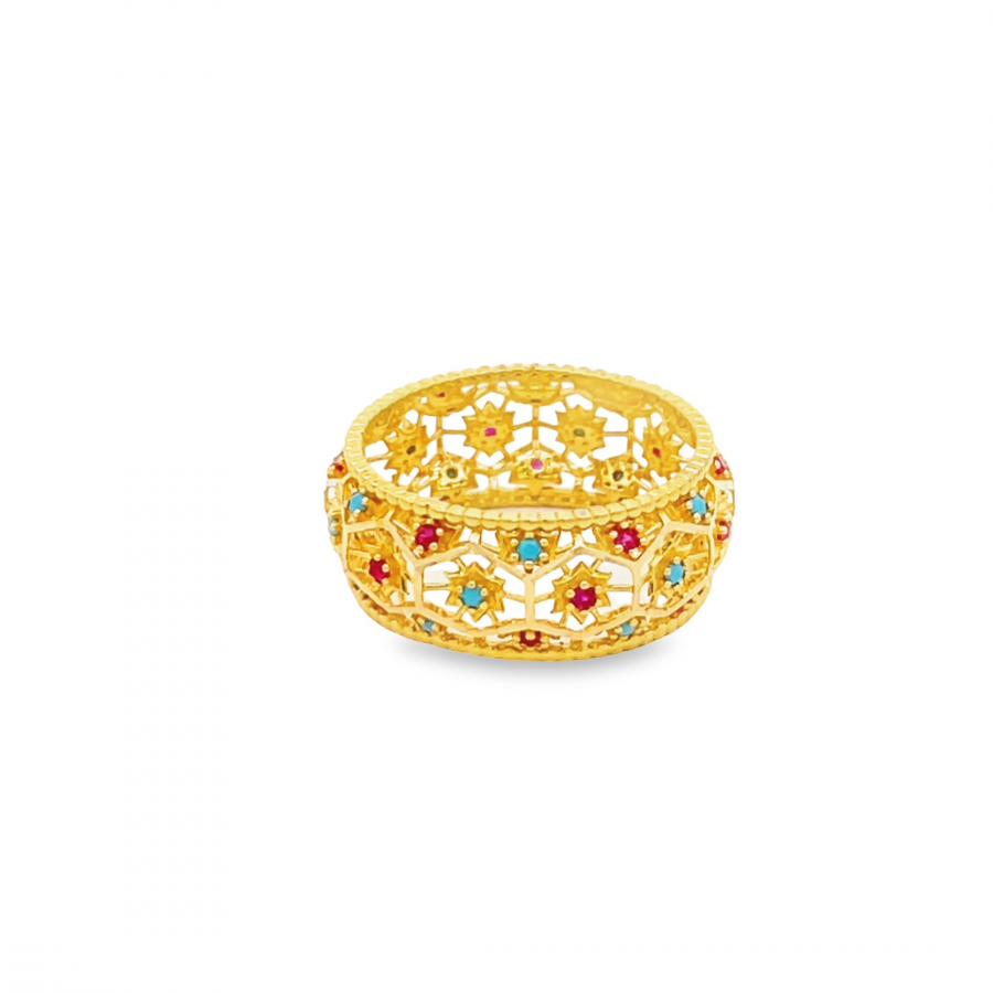 Splendid 21k Gold Arabic Classic Ring with Small Blue and Red Stones