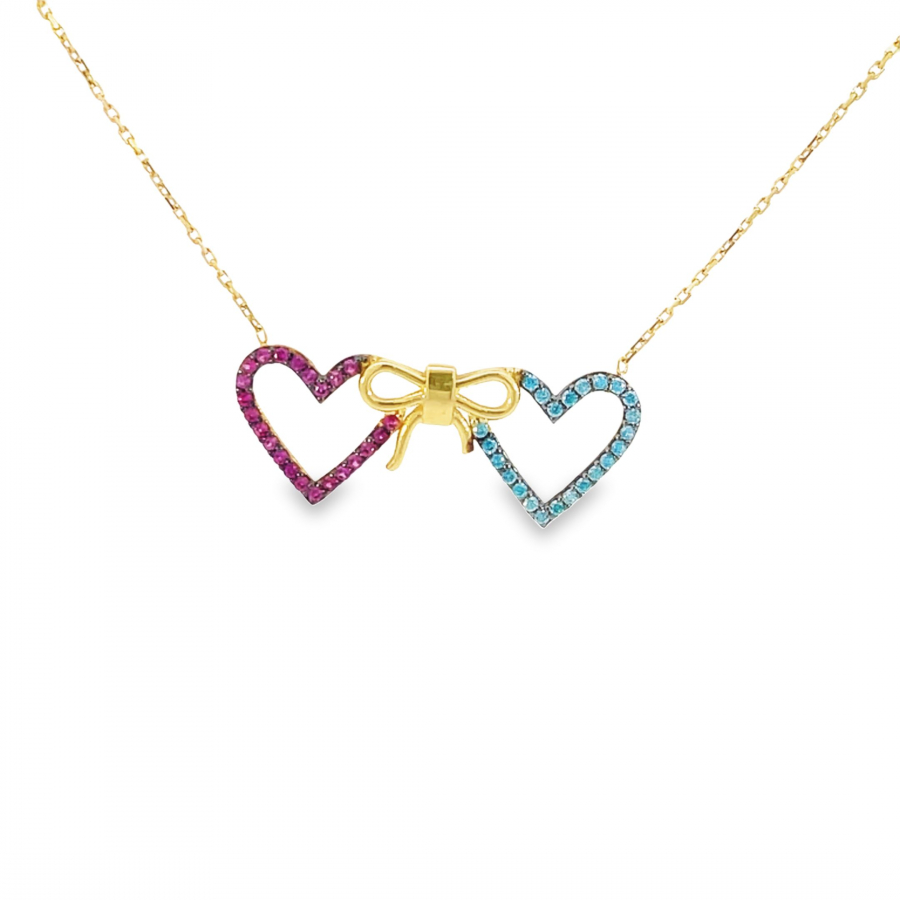 Stylish 18K Yellow Gold Dual Heart Love Tie Short Necklace
