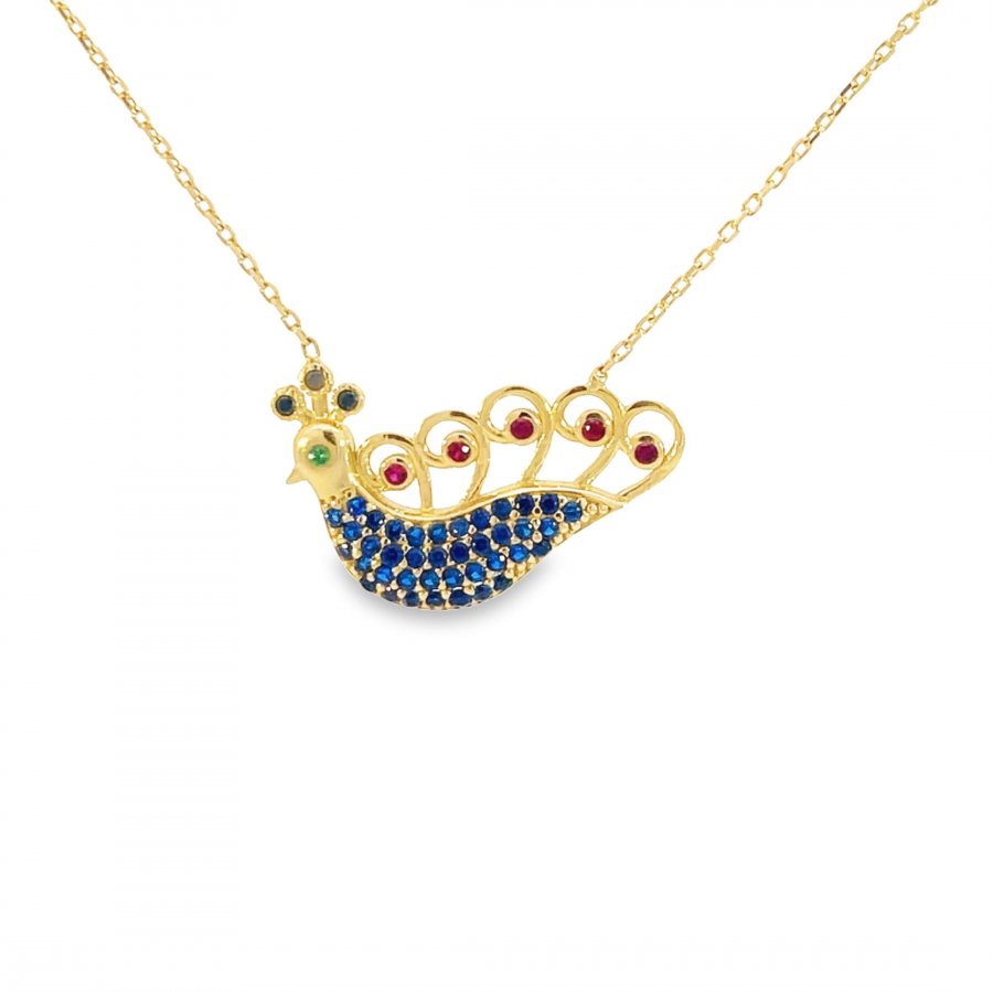18K Stunning Yellow Gold Short Necklace with Peacock-Colored and Stunning Details