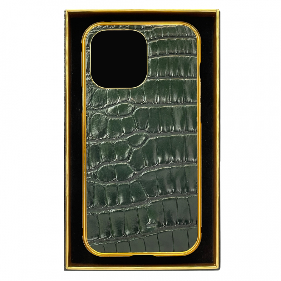 HIPHONE LUXURY IPHONE 14 PRO MAX 24KT GOLD FOREST GREEN CROCODILE FULL LEATHER EDITION