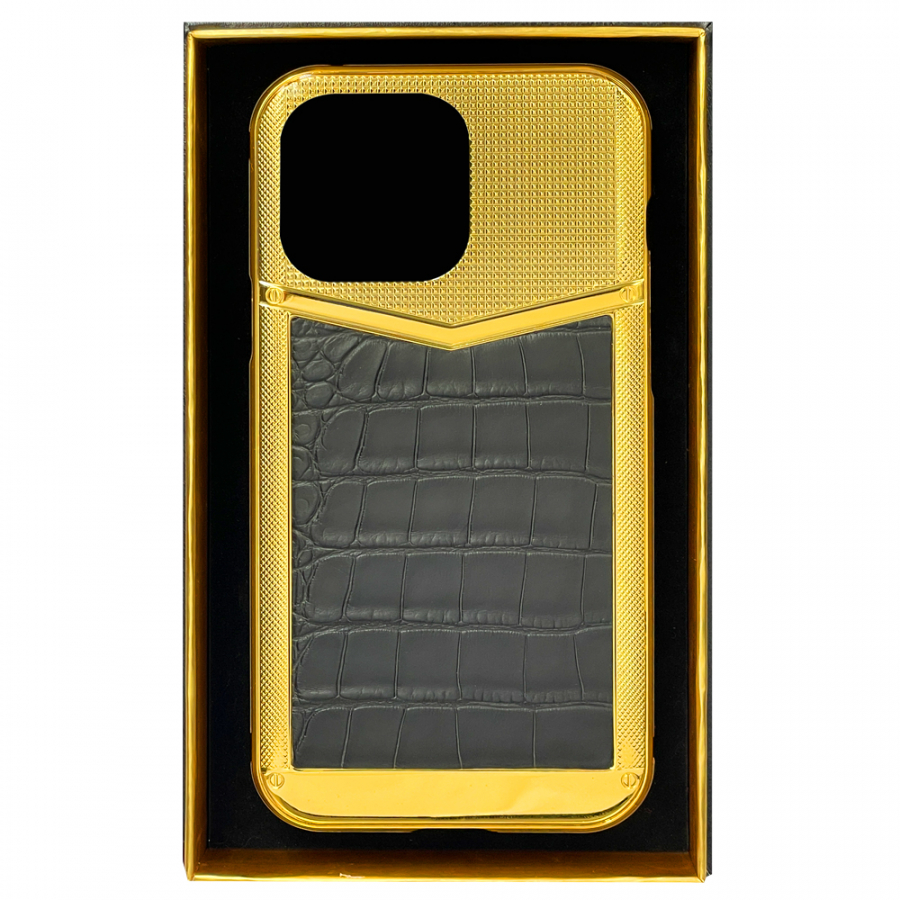 HIPHONE LUXURY IPHONE 14 PRO MAX 24KT GOLD V SQUARE DARK GREY ALIGATOR LEATHER EDITION