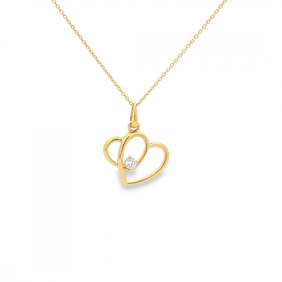 YELLOW GOLD DUAL HEART DIAMOND NECKLACE WITH MOTHER AND CHILD HEARTS (0.08 CARAT, COLOR EF, CLARITY VS)