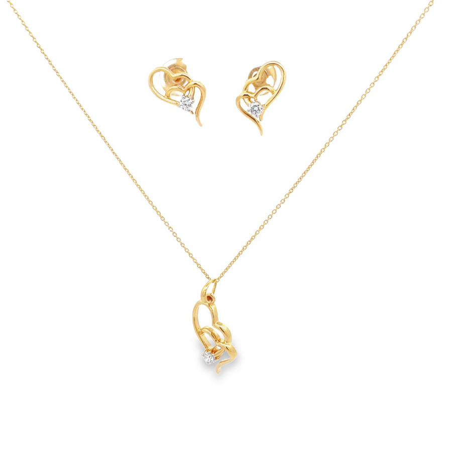 YELLOW GOLD HEART HALF SET DIAMOND NECKLACE AND DIAMOND EARRING WITH LOVE (0.24 CARAT, COLOR EF, CLARITY VS)