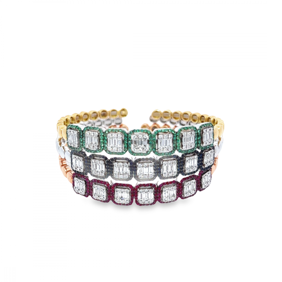 EXQUISITE SET BANGLE WITH YELLOW, WHITE, AND ROSE GOLD | ROUND & BAGUETTE DIAMONDS | 3.4 CARAT | GEMSTONE