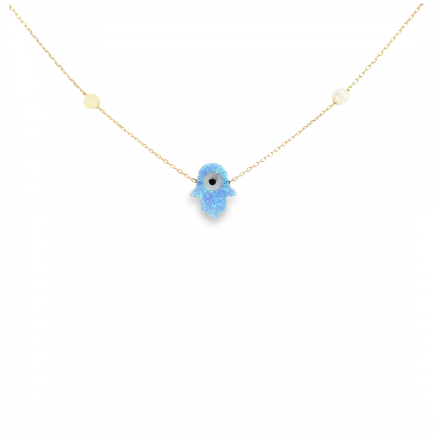 BLUE HAND DESIGN NECKLACE WITH EYE AND ROUND DIAMOND | 0.11 CARAT | VS CLARITY, G\H COLOR | YELLOW GOLD