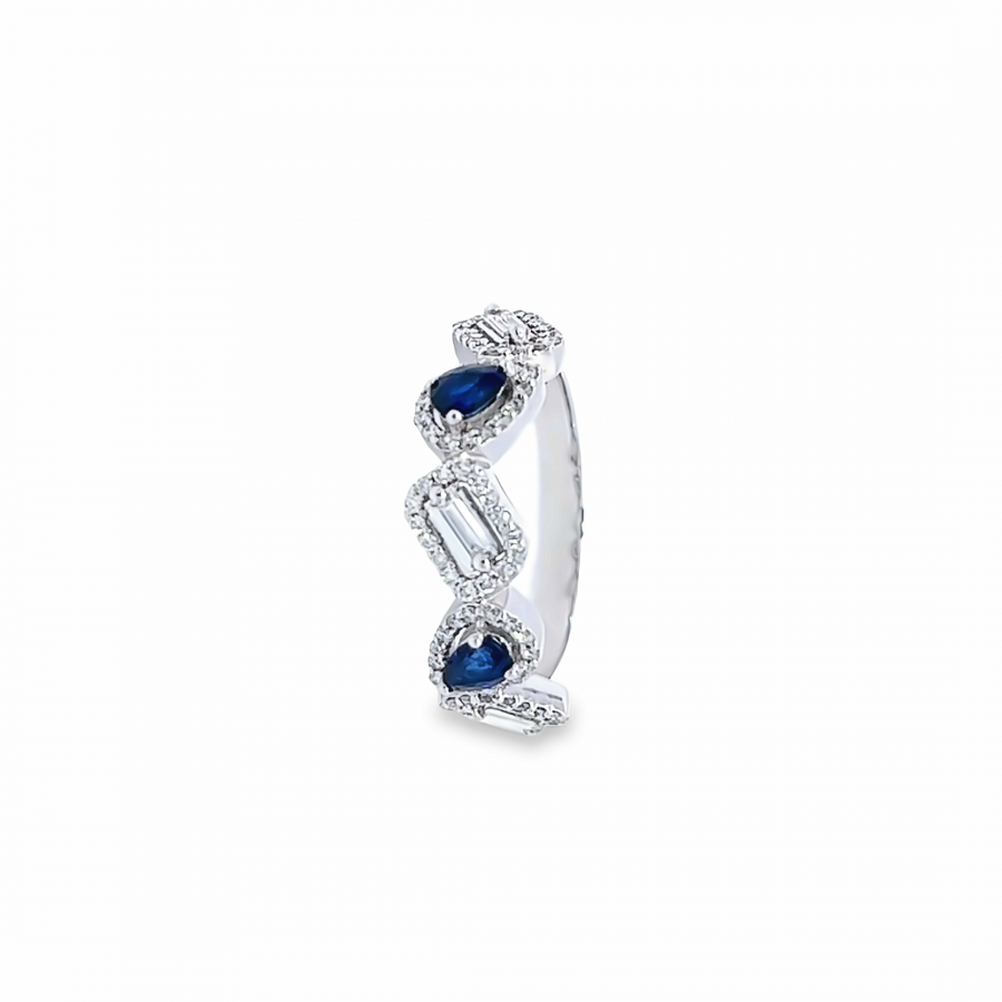 WHITE GOLD RING WITH BAGUETTE AND ROUND DIAMOND | 0.49 CARAT | VS CLARITY, G\H COLOR | BLUE SAPPHIRE GEMSTONE 0.41 CARAT