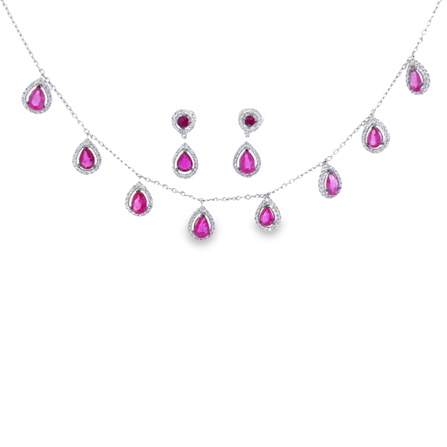 HALF SET NECKLACE + EARRING WITH ROUND DIAMOND | 1.4 CARAT | VS CLARITY, G\H COLOR | WHITE GOLD | RUBY GEMSTONE 8.20 CARAT