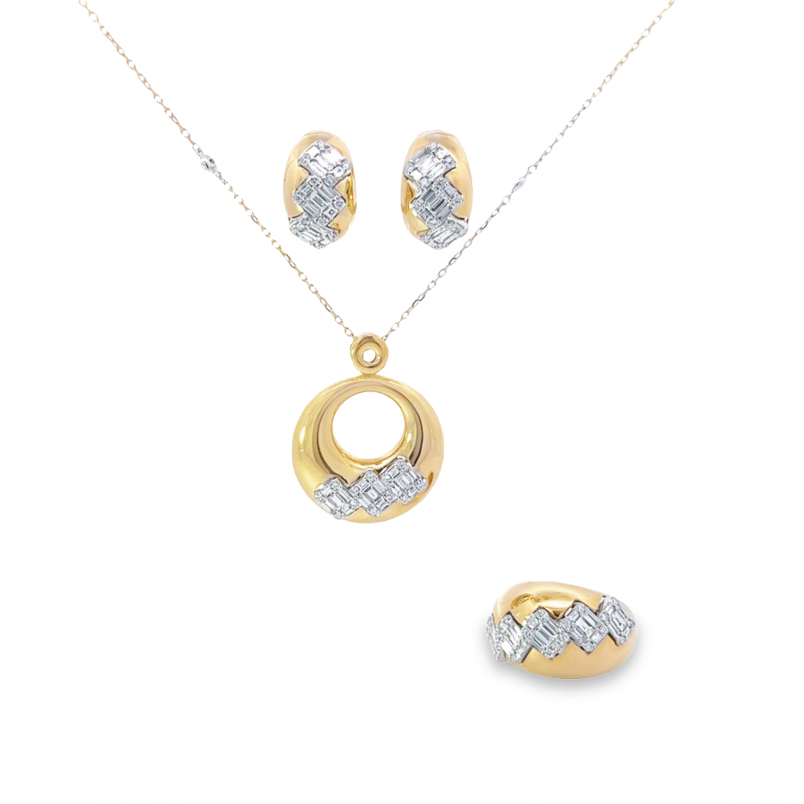 HALF SET NECKLACE + EARRING + RING WITH BAGUETTE + ROUND DIAMOND | 2.78 CARAT | VS CLARITY, G\H COLOR | YELLOW GOLD