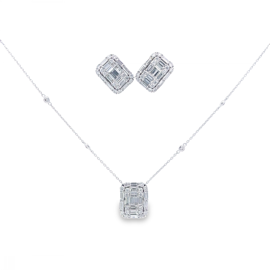 HALF SET NECKLACE + EARRING WITH BAGUETTE + ROUND DIAMOND | 4.14 CARAT | VS CLARITY, G\H COLOR | WHITE GOLD