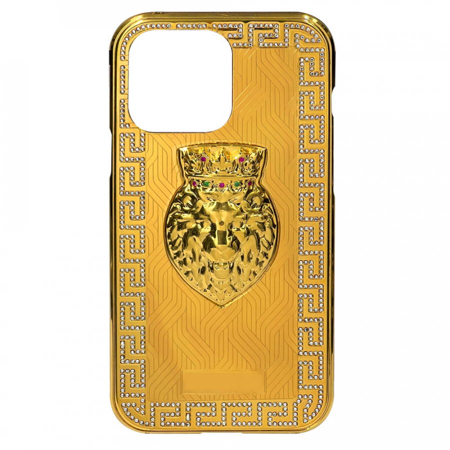 HIPHONE LUXURY IPHONE 14 PRO MAX GOLD W/CRYSTAL BORDER & LION HEAD 3D LIMITED EDITION