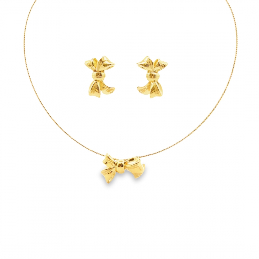  GORGEOUS BOW 18K YELLOW GOLD HALF SET NECKLACE AND EARRING 