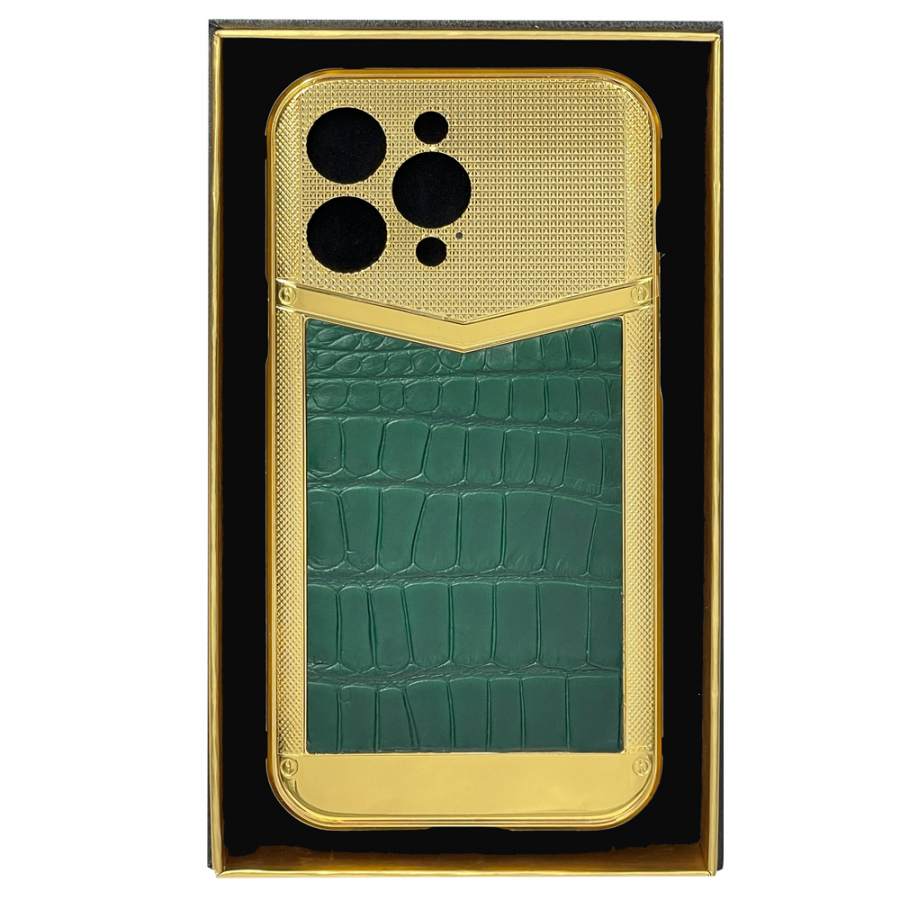 HIPHONE LUXURY IPHONE 14 PRO MAX 24KT GOLD SQUARE GREEN CROCODILE LEATHER EDITION