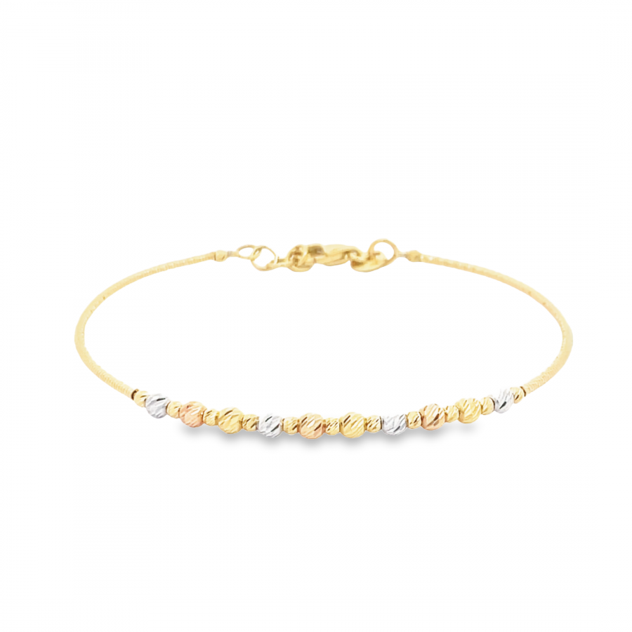 EXQUISITE 18K YELLOW GOLD AND WHITE/ROSE/YELLOW GOLD BALL LINE BANGLE