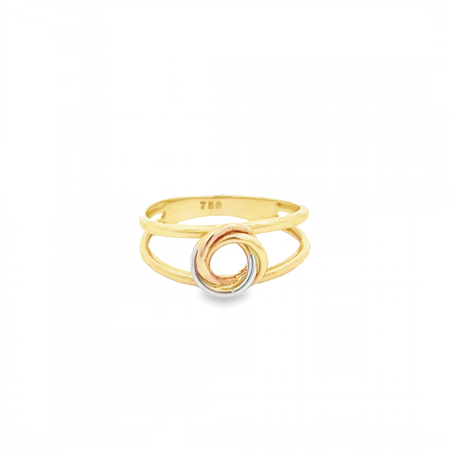CLASSIC 18K ITALIAN YELLOW GOLD SPLIT SETTING RING WITH THREE INTEGRATED CIRCLES IN WHITE, ROSE AND YELLOW GOLD