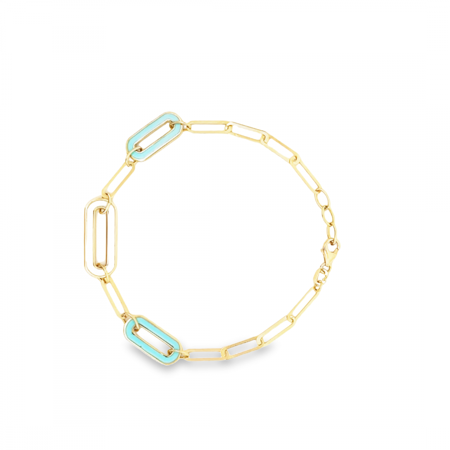 STRIKING 18K CHAIN BRACELET WITH BABY BLUE AND WHITE HANGINGS