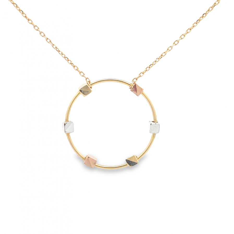 18K ITALIAN NECKLACE WITH LARGE CIRCLE AND WHITE, YELLOW, AND ROSE GOLD FINISHES