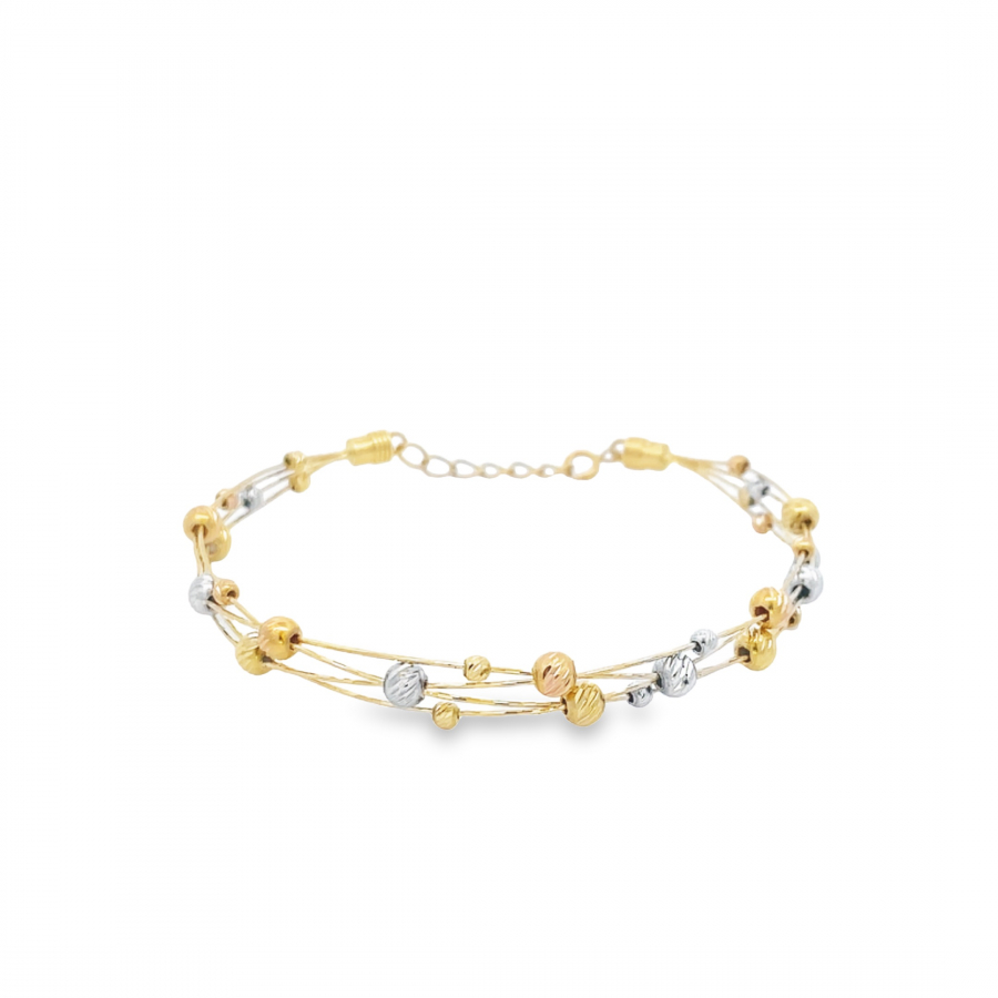 18K Italian Three Tone Bangle with Yellow Gold Base and Balls in Yellow, Rose, and White Gold