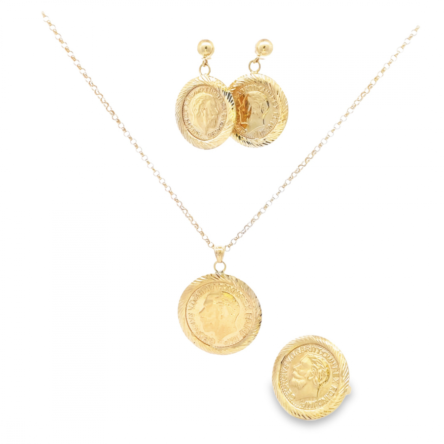 15g Set of English Coin with 18K Yellow Gold Ring, Necklace, & Earrings