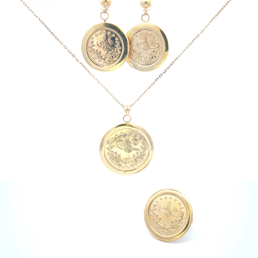 15g Set of Turkish Coin with 18K Yellow Gold Ring, Necklace, & Earrings