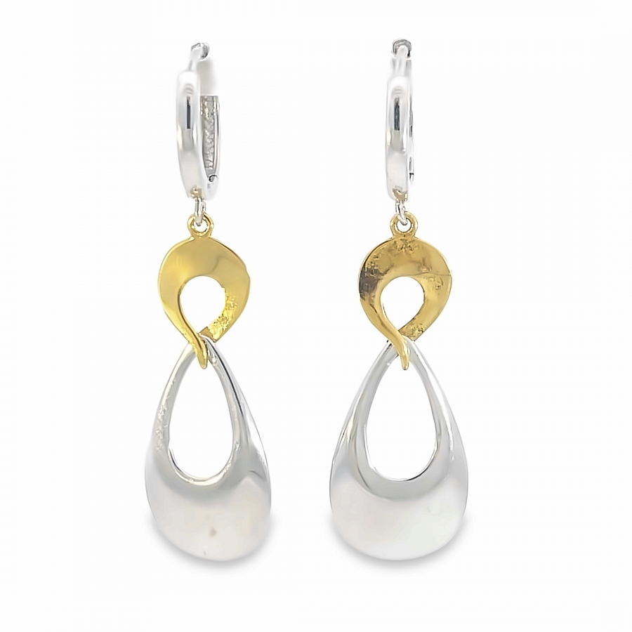  Classic Two Tone Long Earrings in White and Yellow Gold 
