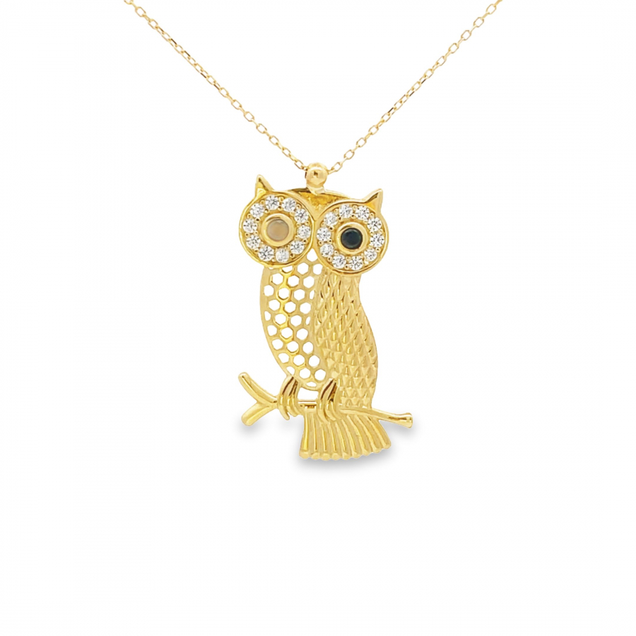 18K Yellow Gold Owl Short Necklace with Black Eye