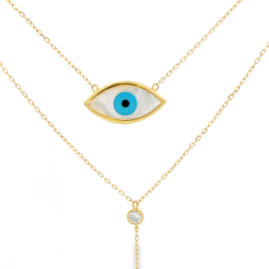 Blue Eye Saving Necklace in Yellow Gold Short with Double Set
