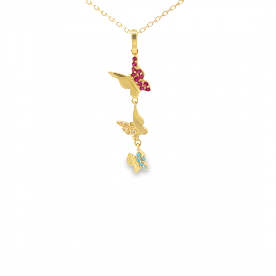18K Yellow Gold Short Necklace with Colored Stones in Three Butterflies