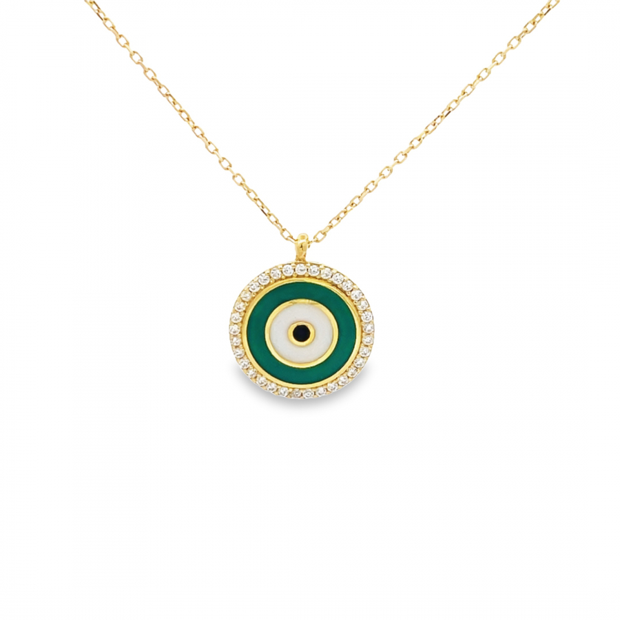 GREEN EYE 18K YELLOW GOLD SHORT NECKLACE WITH DIAMOND-LIKE ZIRCON CRYSTALS