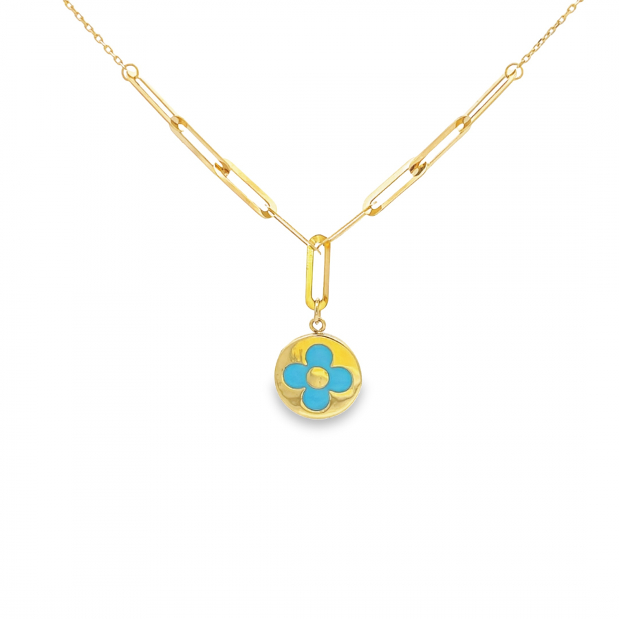 Yellow Gold 18K Short Necklace with Blue Flower