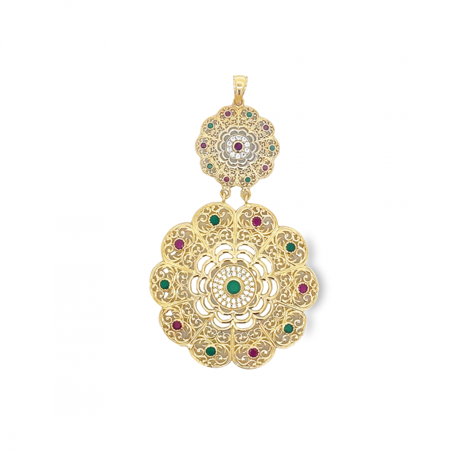  CLASSIC ARABIC 18K PENDANT WITH GREEN AND DARK PURPLE STONE IN YELLOW GOLD