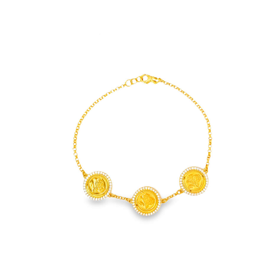 YELLOW GOLD BRACELET 21K WITH THREE COIN DESIGN - SYMBOLIC ABUNDANCE AND STYLE
