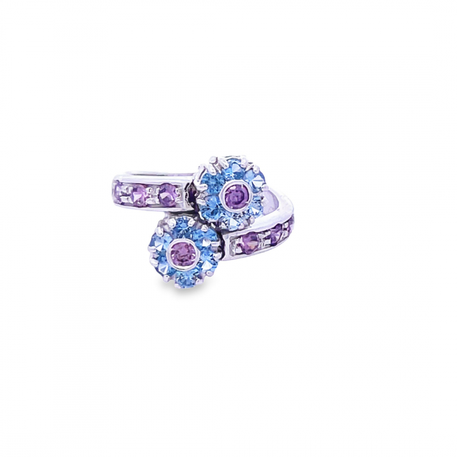 18K WHITE GOLD ITALIAN STYLE RING WITH BLUE AND PURPLE STONES 
