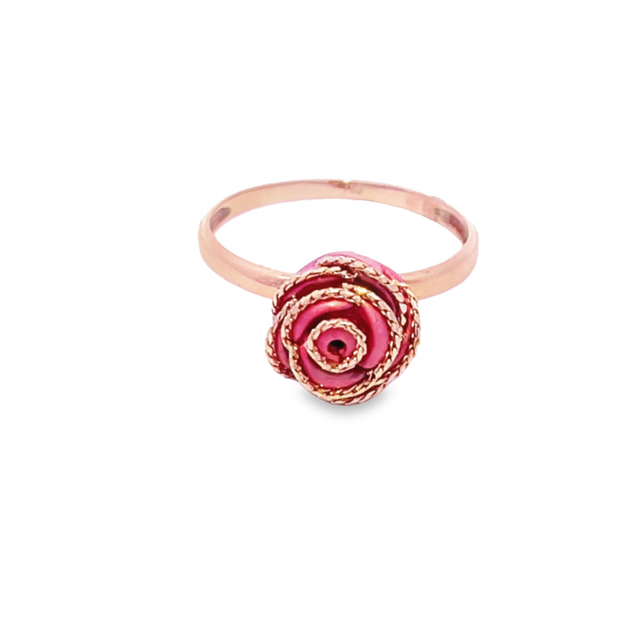 18K GOLD RING WITH SMALL RED FLOWER - UNIQUELY STYLED - DISTINCTIVE GOLD RING WITH AN ADORABLE SMALL RED FLOWER