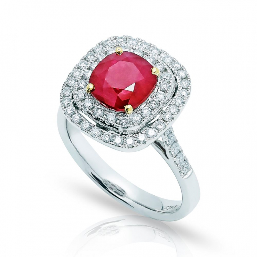 CUSHION RING WITH RUBY AND DIAMONDS IN 18K WHITE GOLD