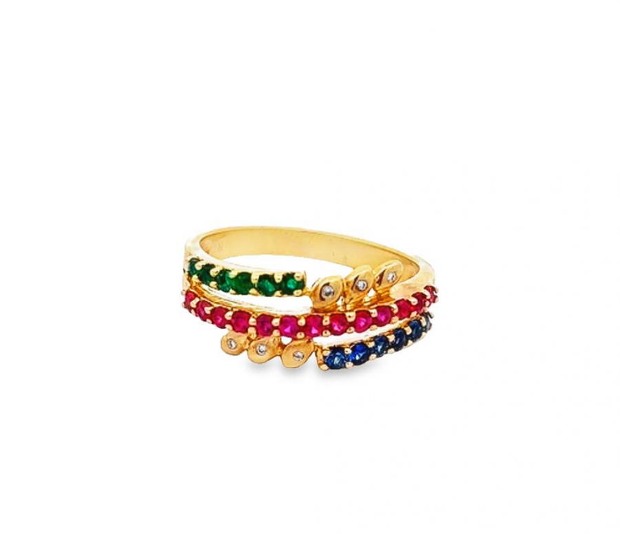  RING WITH COLOR STONES (GREEN, DARK BLUE AND RED) AND YELLOW GOLD - 0.02 CARAT ROUND DIAMOND, CLARITY VS-SI, COLOR G-H