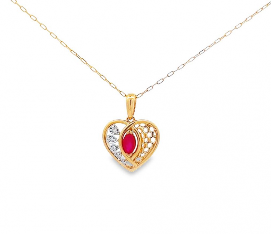  NECKLACE HEART WITH COLOR STONE AND YELLOW GOLD - 0.04 CARAT ROUND DIAMOND, CLARITY VS-SI, COLOR G-H
